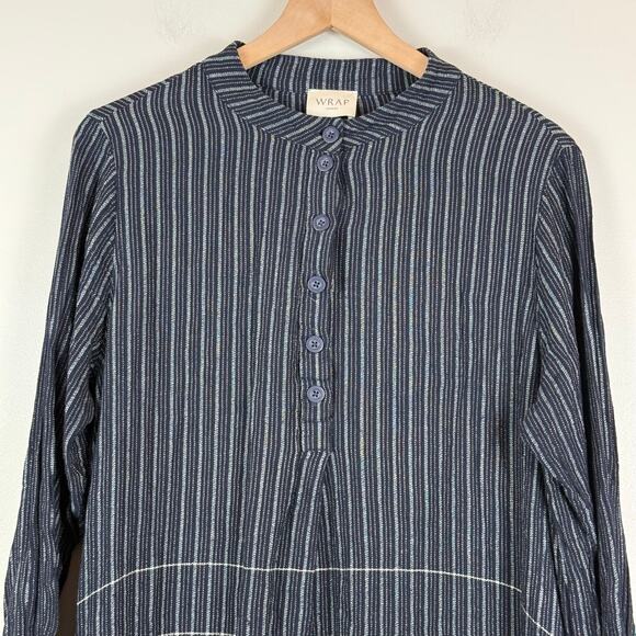 Wrap London Popover Dress Women's 14 Navy Blue Gray Striped Long Sleeve Preppy - Picture 2 of 9